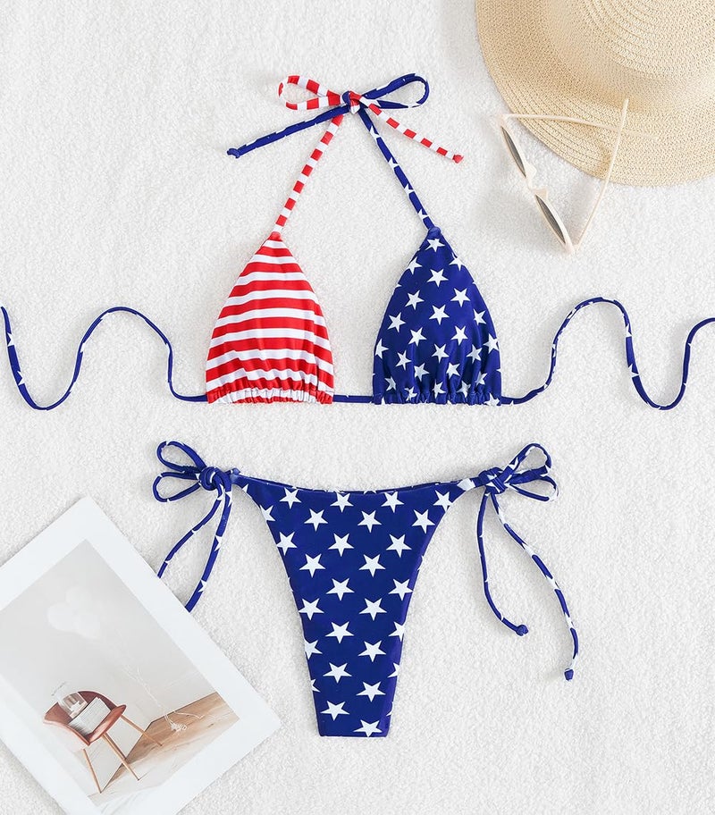 Tainehs Women's Sexy Halter Thong Bikini Tie Two Sides Bottom Triangle Bikini Swimsuits American Flag - Image 5